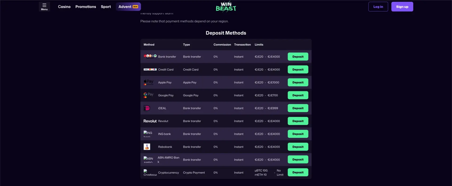 Deposit methods and GBP payment options at WinBeast