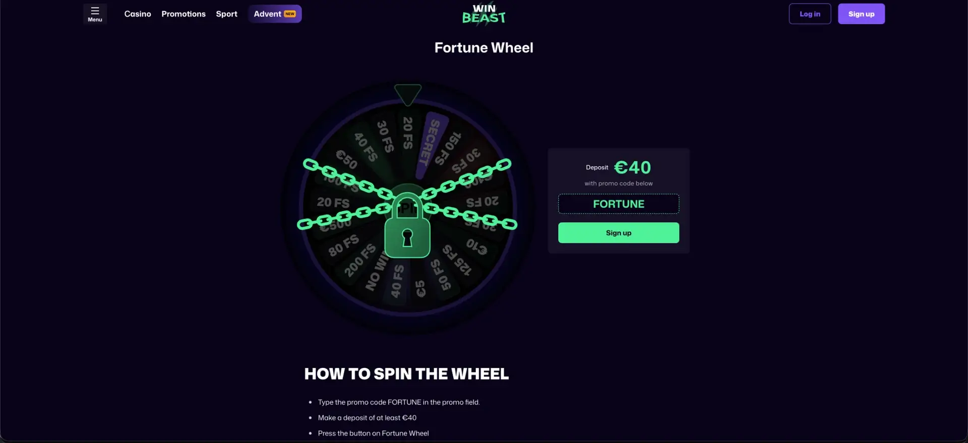 WinBeast Casino No Deposit Bonus website view