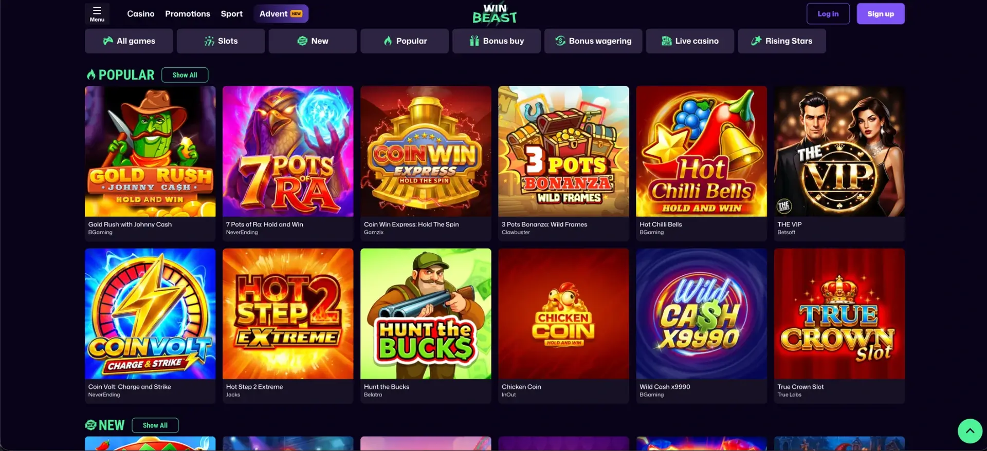 Popular casino games displayed in the WinBeast lobby