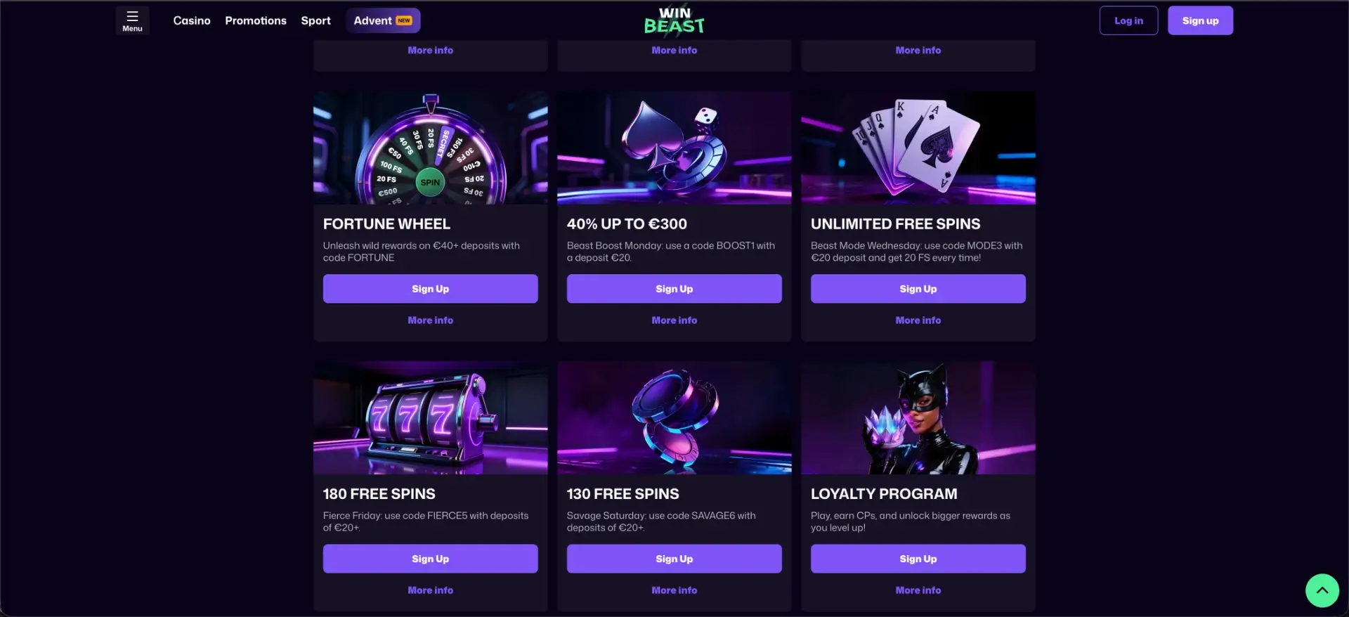WinBeast Casino Bonus Code website view