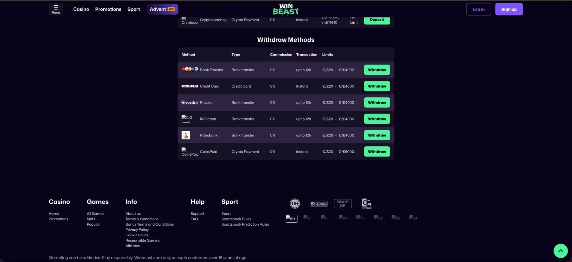 WinBeast withdrawal methods and limits